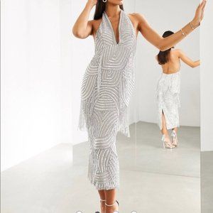 ASOS EDITION Super Plunge Embellished Fringe Midi Dress